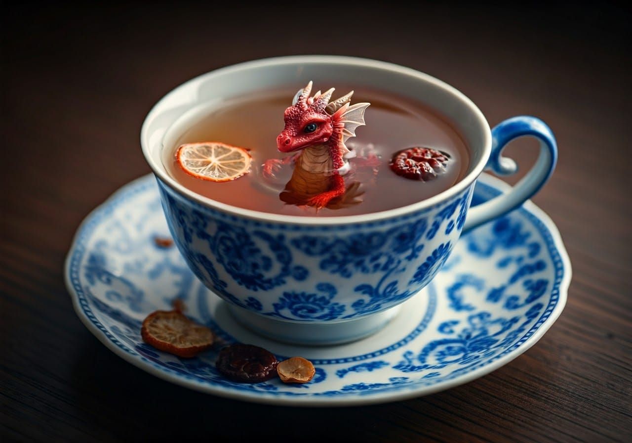 Dragon Bathes in Teacup: Serene Isometric Digital Art