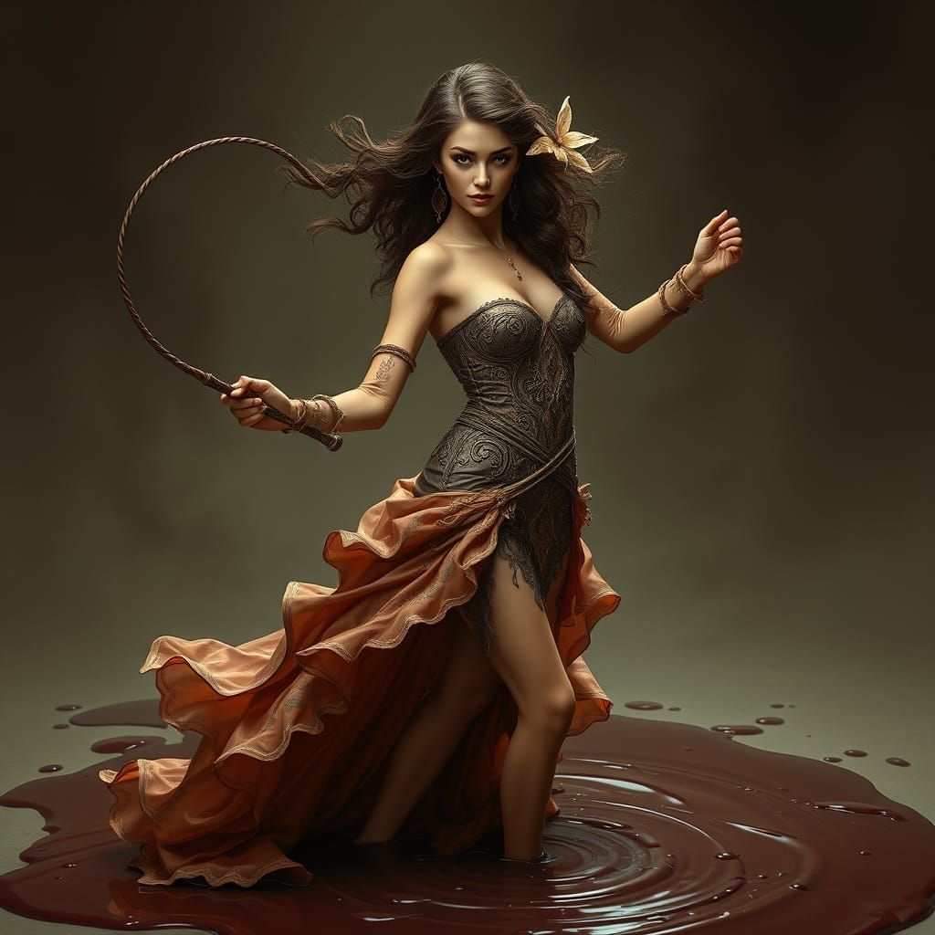 Sultry Goddess Stands in Chocolate Puddle