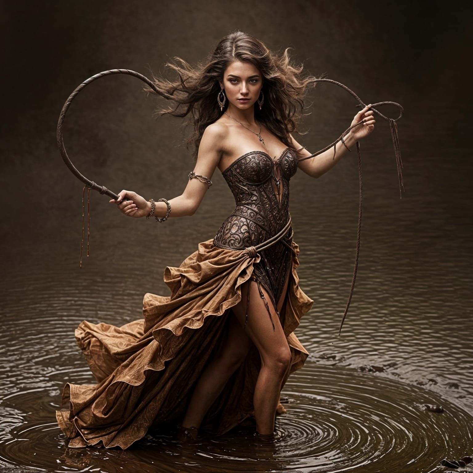 Beautiful Woman in Intricate Dress with Whip
