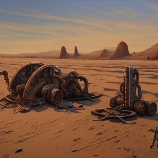 Wasteland of Rusted Robots: An Oil Painting