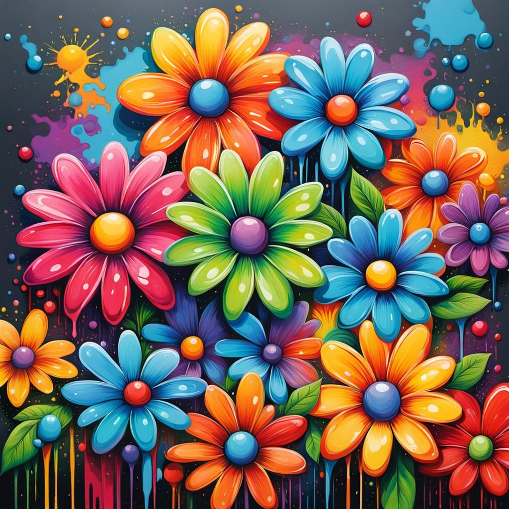 Rainbow Flowers in Graffiti Splash Art Style