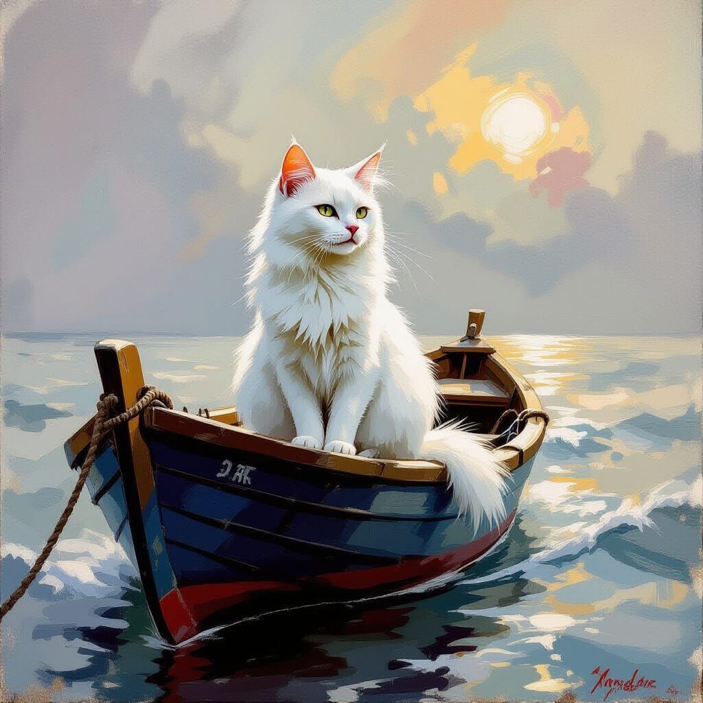 White Cat on Boat Gouache Painting
