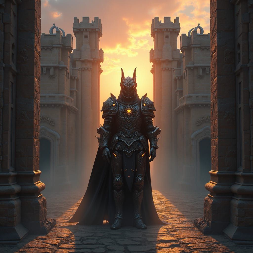 Epic Castle Scene with Mystical Armour in Warm Golden Light