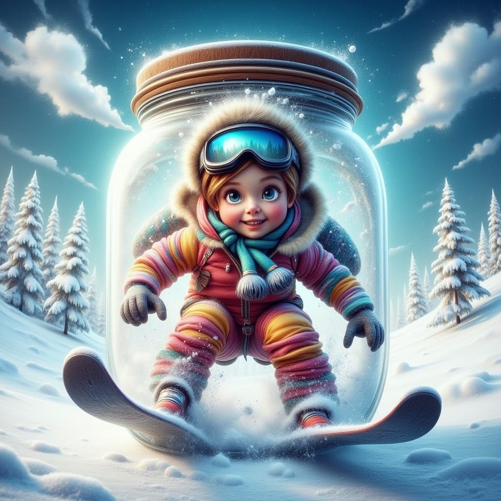 Skier in a Jar Slides Down Snowy Slope