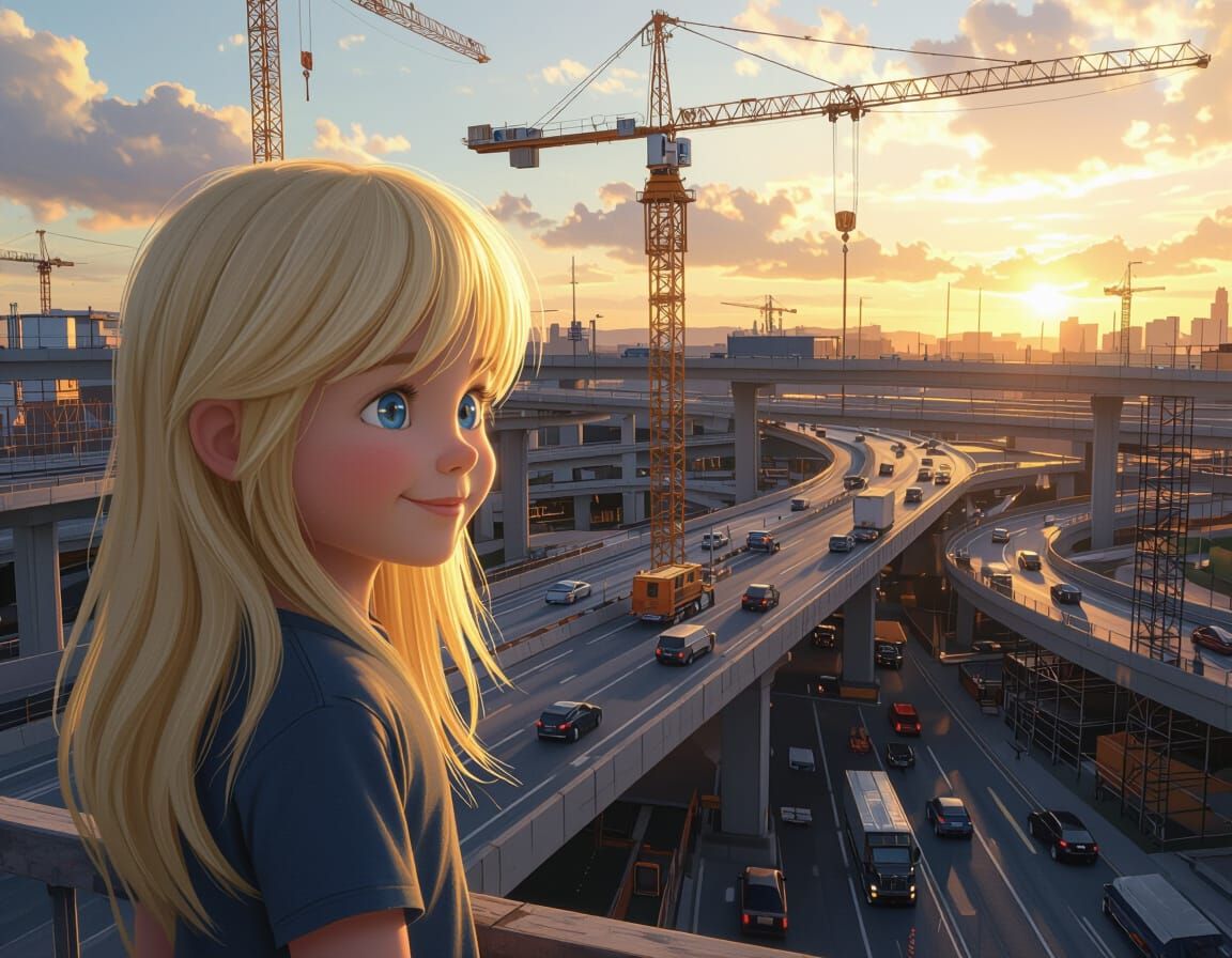Gigantic Boy Amazed by Highway Construction at Sunset