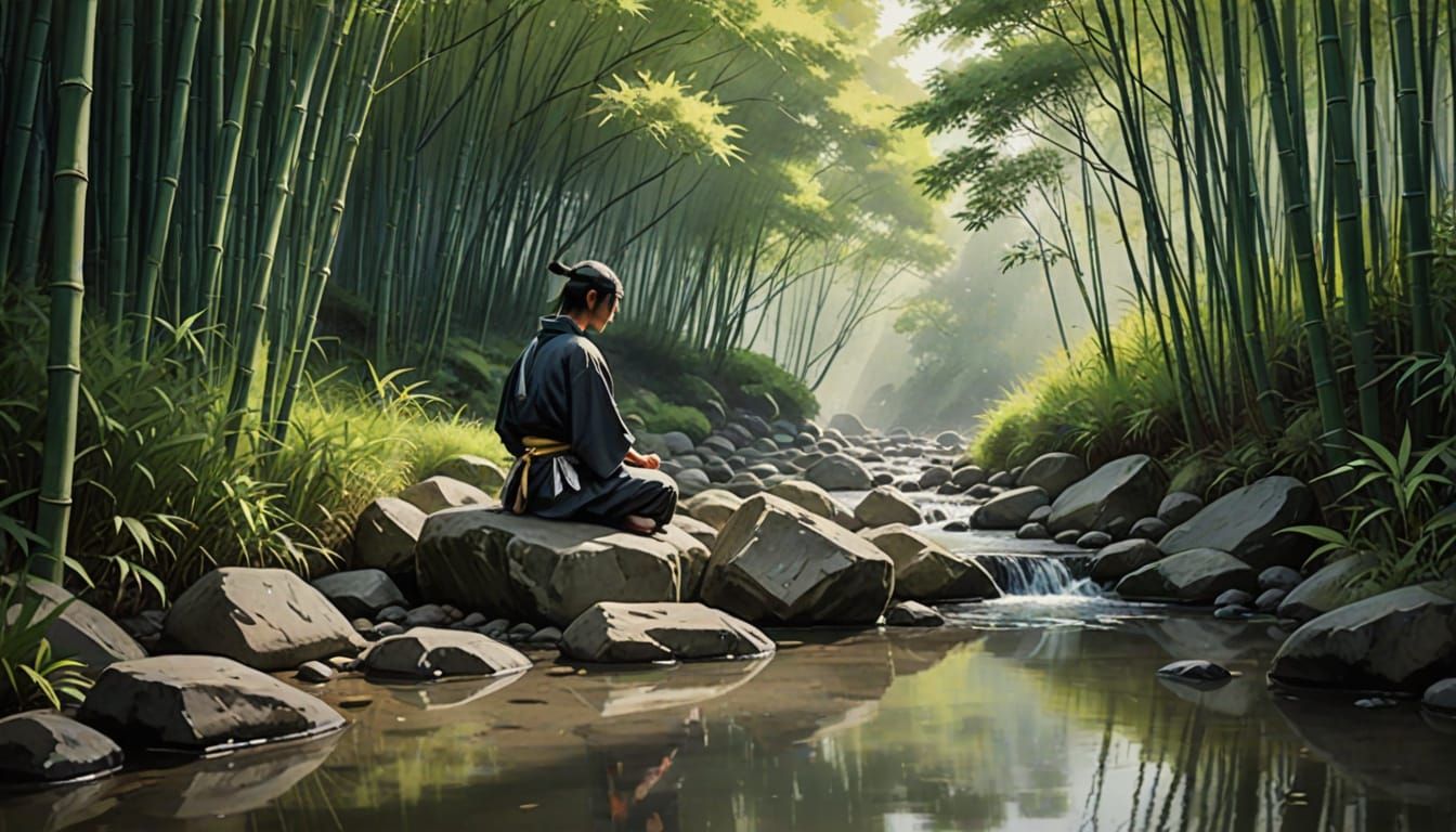 Samurai Meditation in Bamboo Forest: Japanese Ink Wash Art