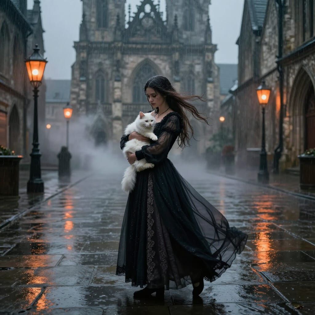 Gothic Woman with Cat in Rainy Medieval Square