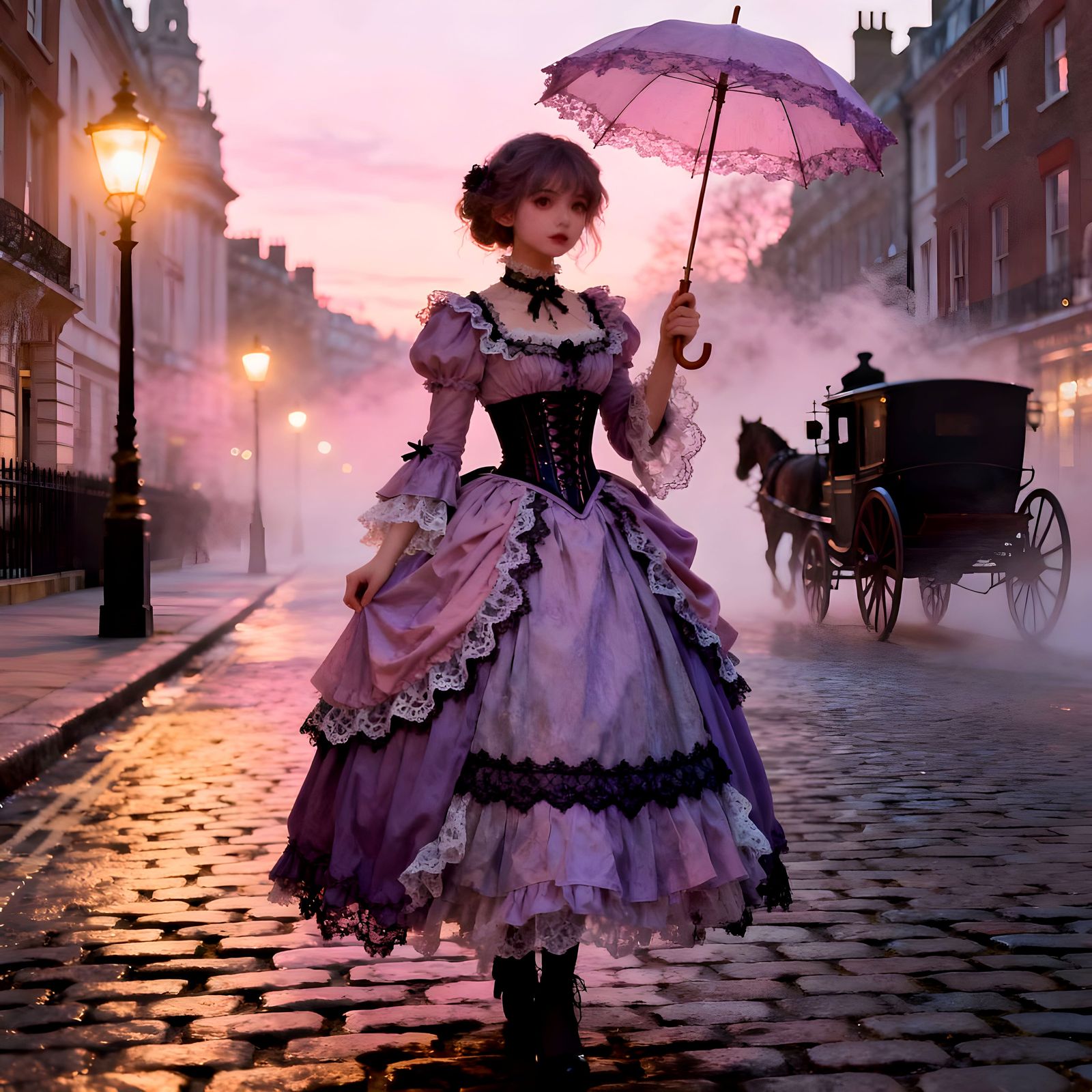 Cute Gothic Woman in Victorian London at Dusk