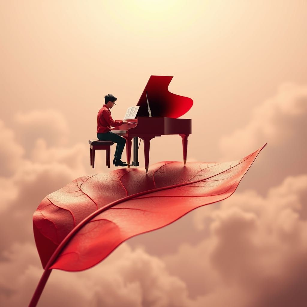 Origami Piano Player on Floating Leaf in Dreamy Sky