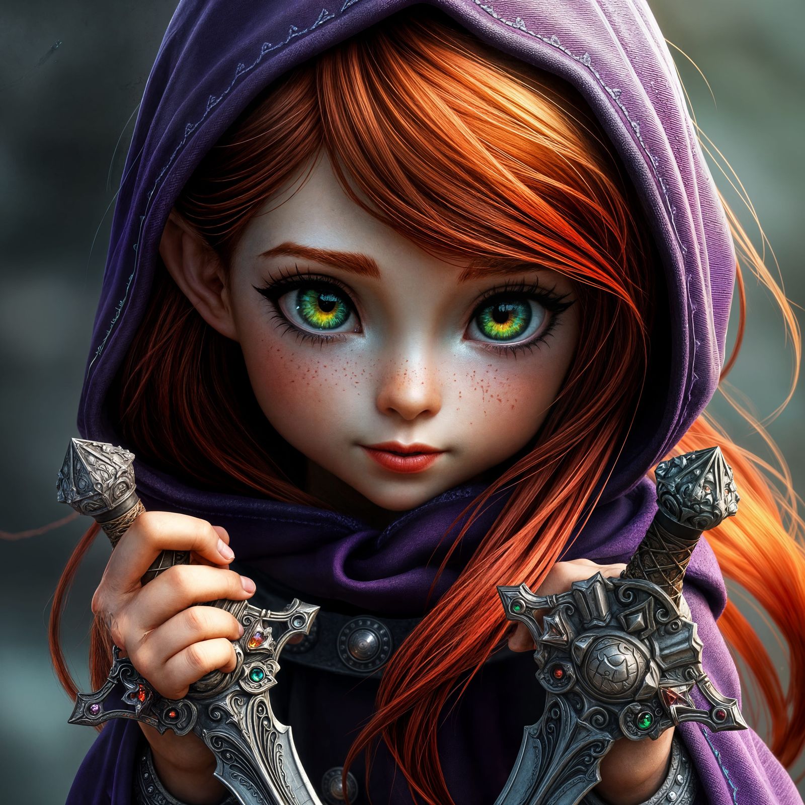 Enchanted Halfling Warrior with Fiery Red Locks and Sparklin...