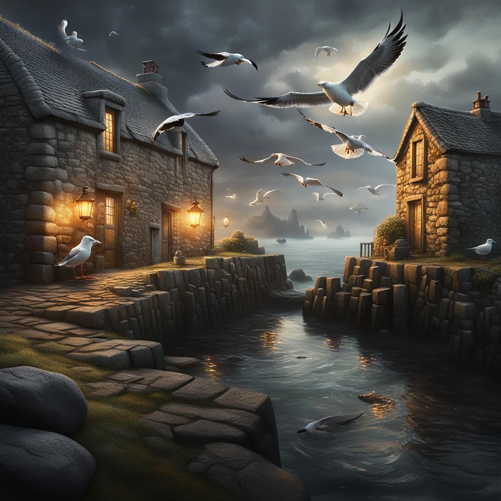 Seagulls Over Stone Harbor in Dramatic Oil Painting Style