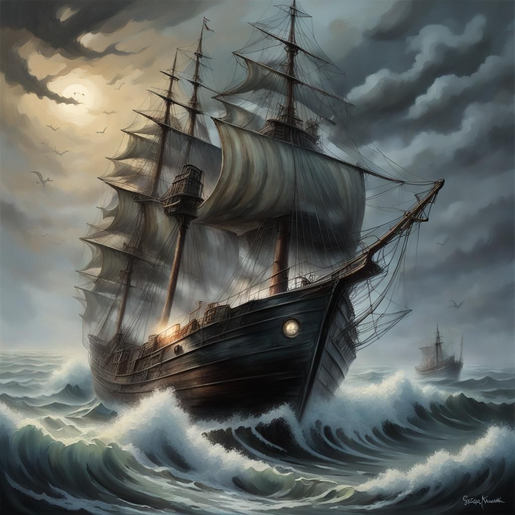 Eerie Ghost Ship on Stormy Seas, Sinister Art