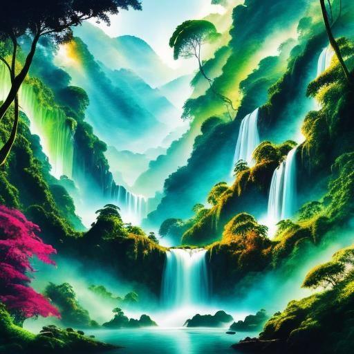 Lush Jungle Waterfalls in Impressionist Style