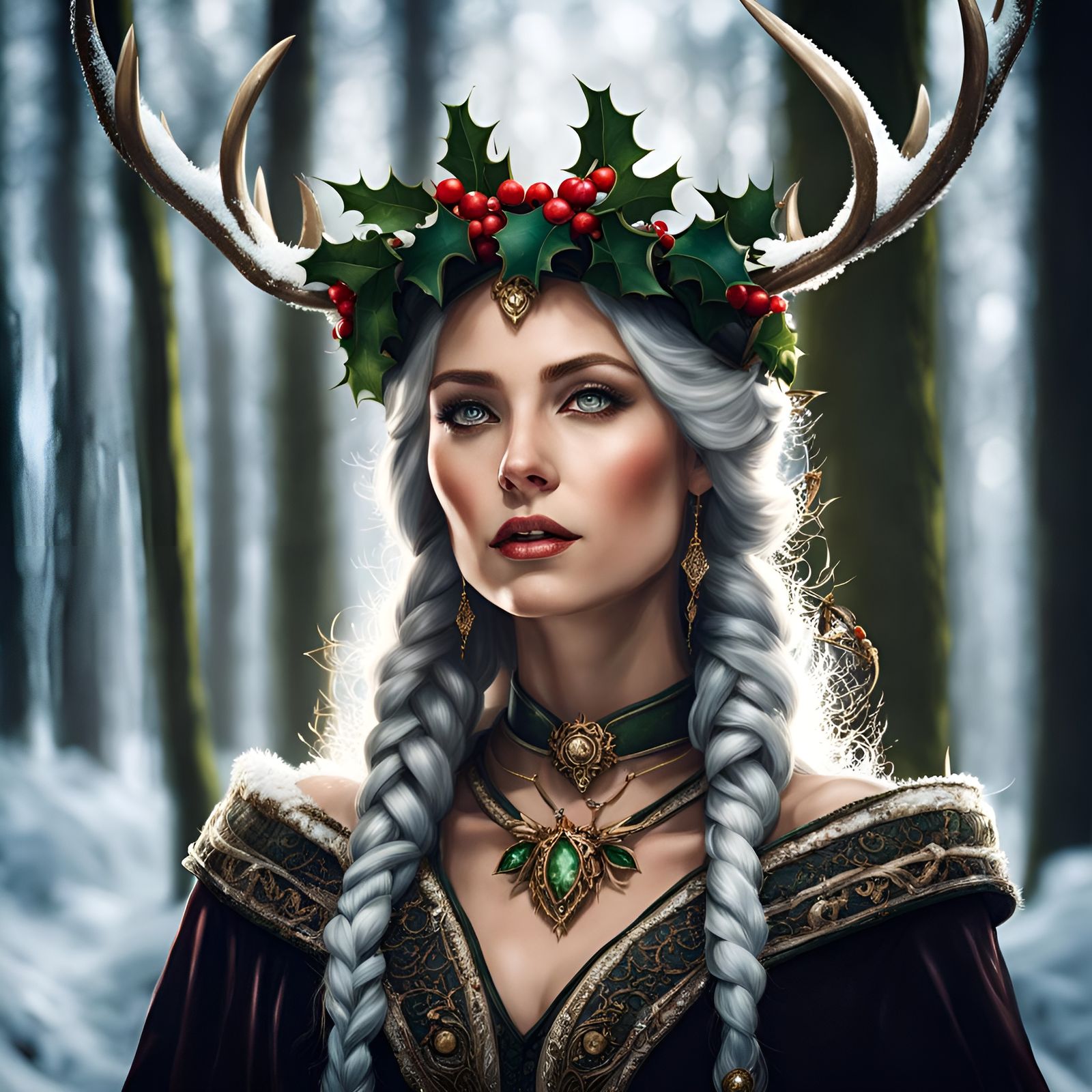Antlered Elf Queen Portrait in Snowy Woods