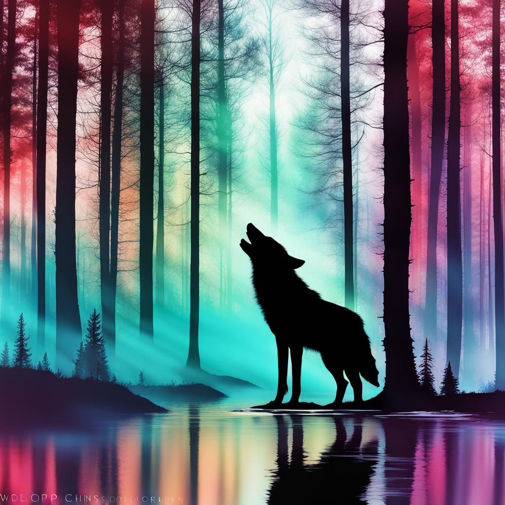 Double Exposure Forest with Wolf Silhouette in Ink Style