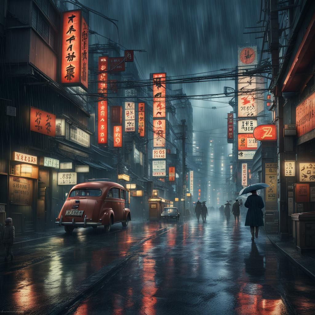 1950s Japanese Cityscape Poster of Tokyo in Rain