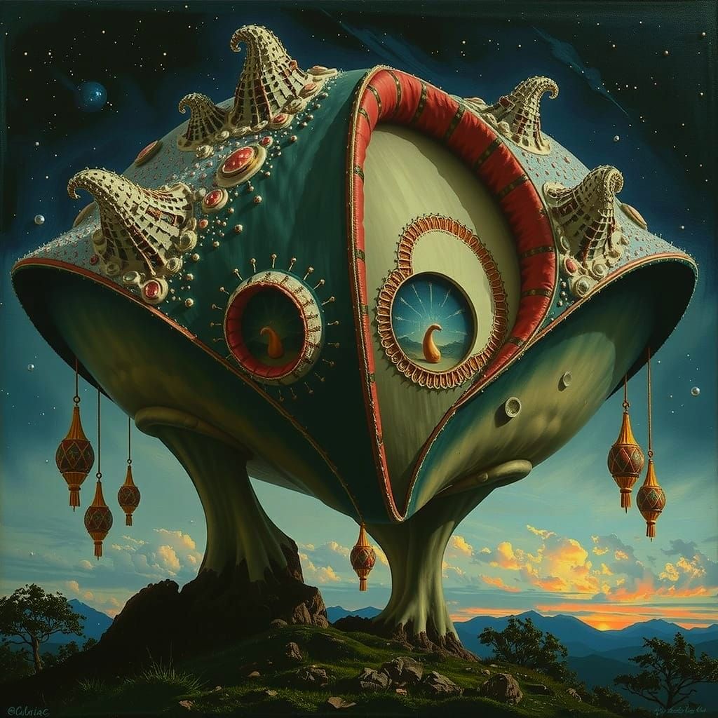 Dreamlike Amoeboid Landscape Painting with Soft Mountains an...