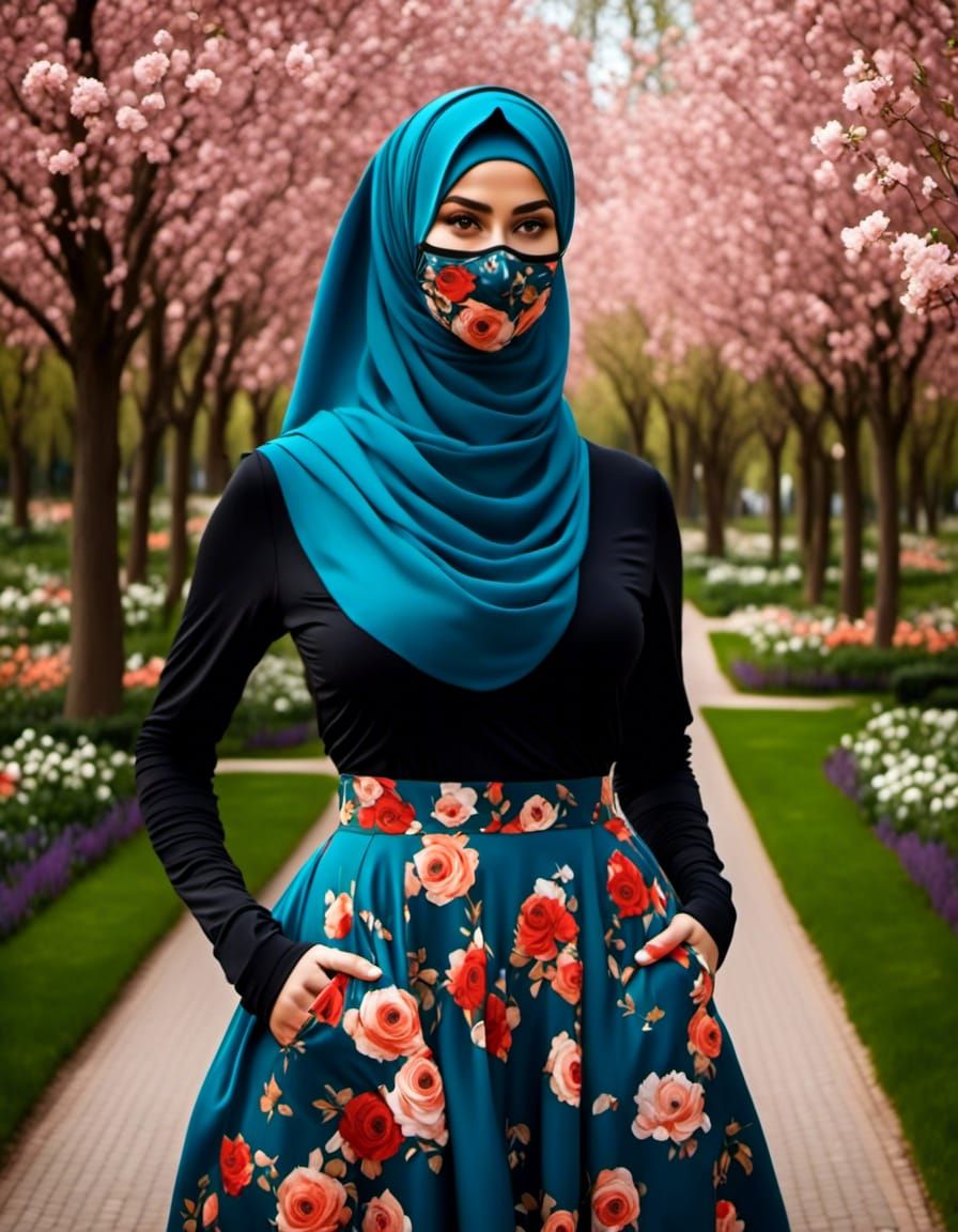 Beautiful Masked Woman in Spring Park Painting