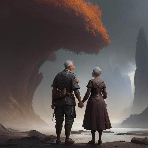 Romantic Couple Amidst War, Detailed Matte Painting