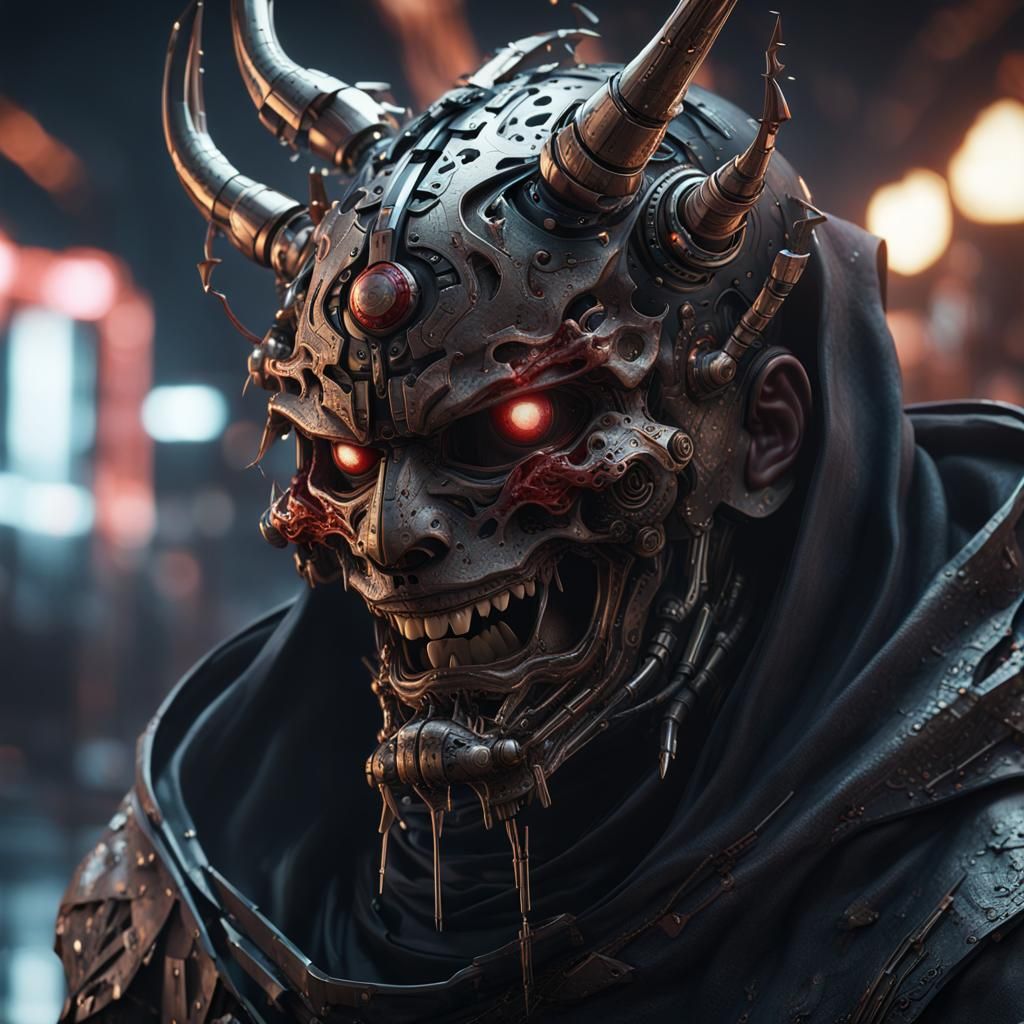 Cloaked Figure with Hannya Mask in Sci-Fi Setting