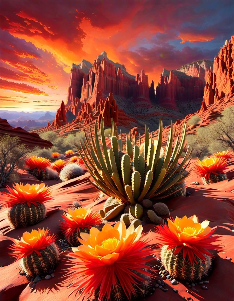 Dramatic Desert Canyon Sunset with Blooming Cactus