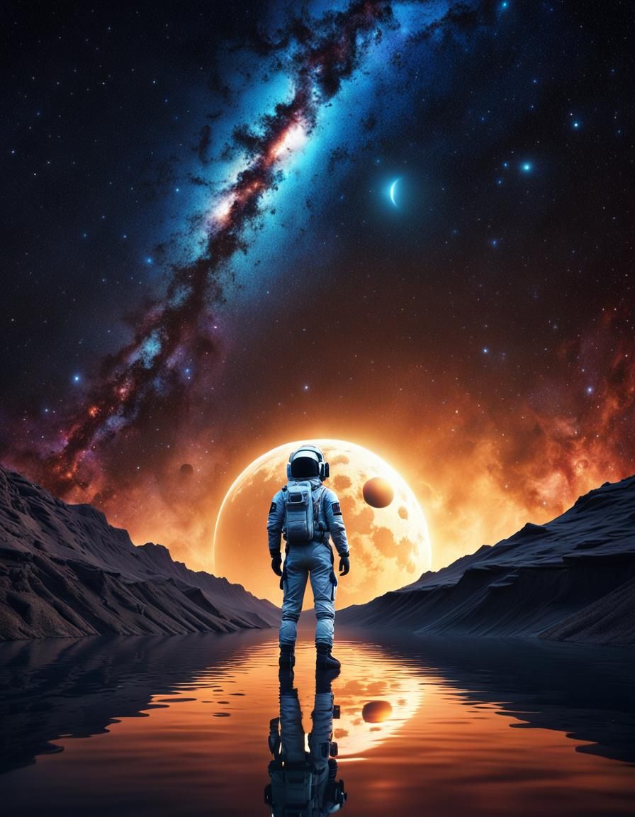 Astronaut in Alien Infinity Pool Under Galaxy Sky