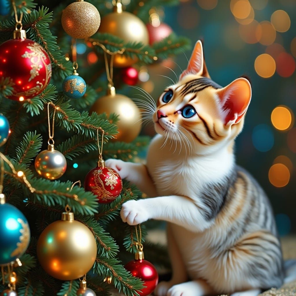 Christmas Cat Playing With Ornaments on Tree