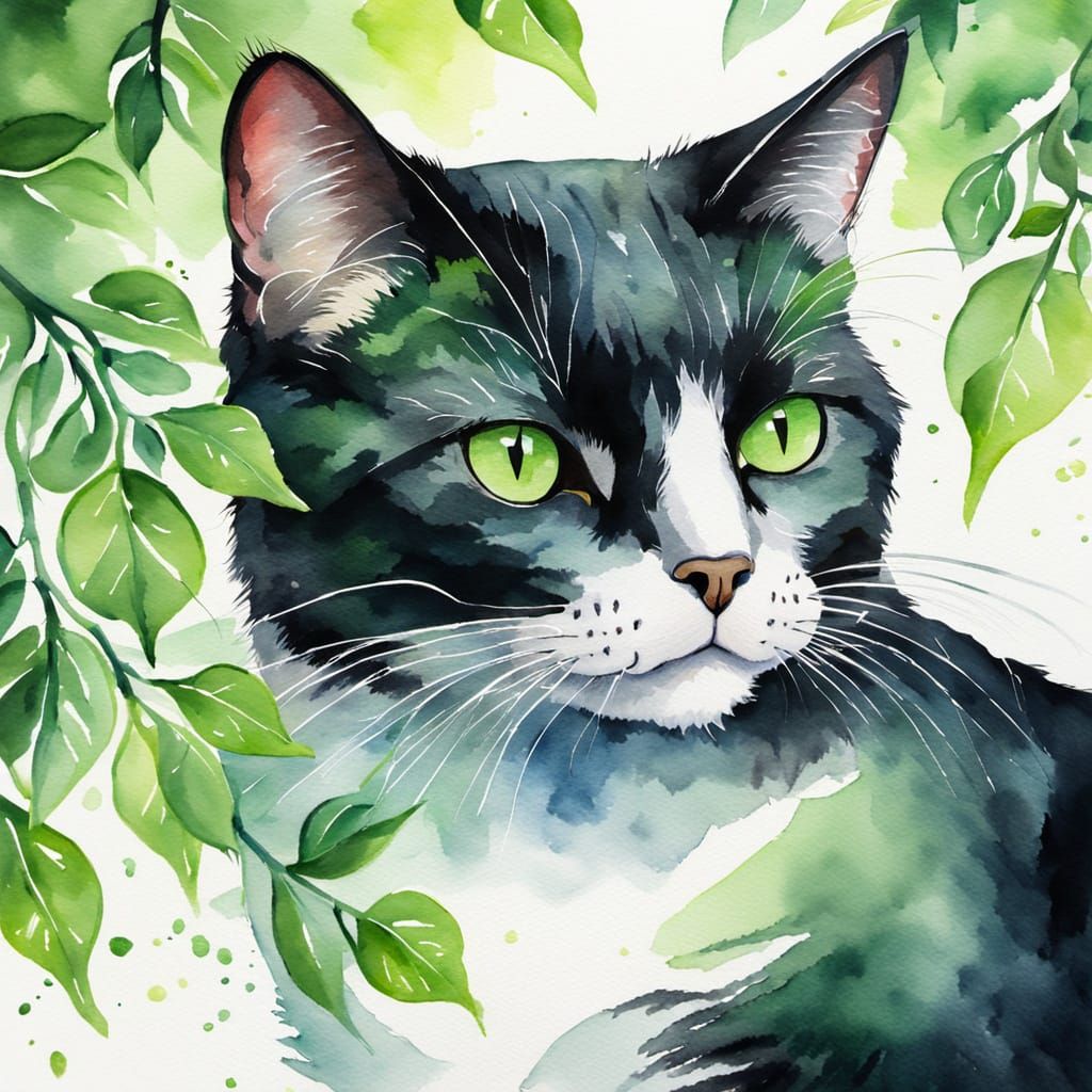 Tuxedo Cat in Tree: Watercolor Painting