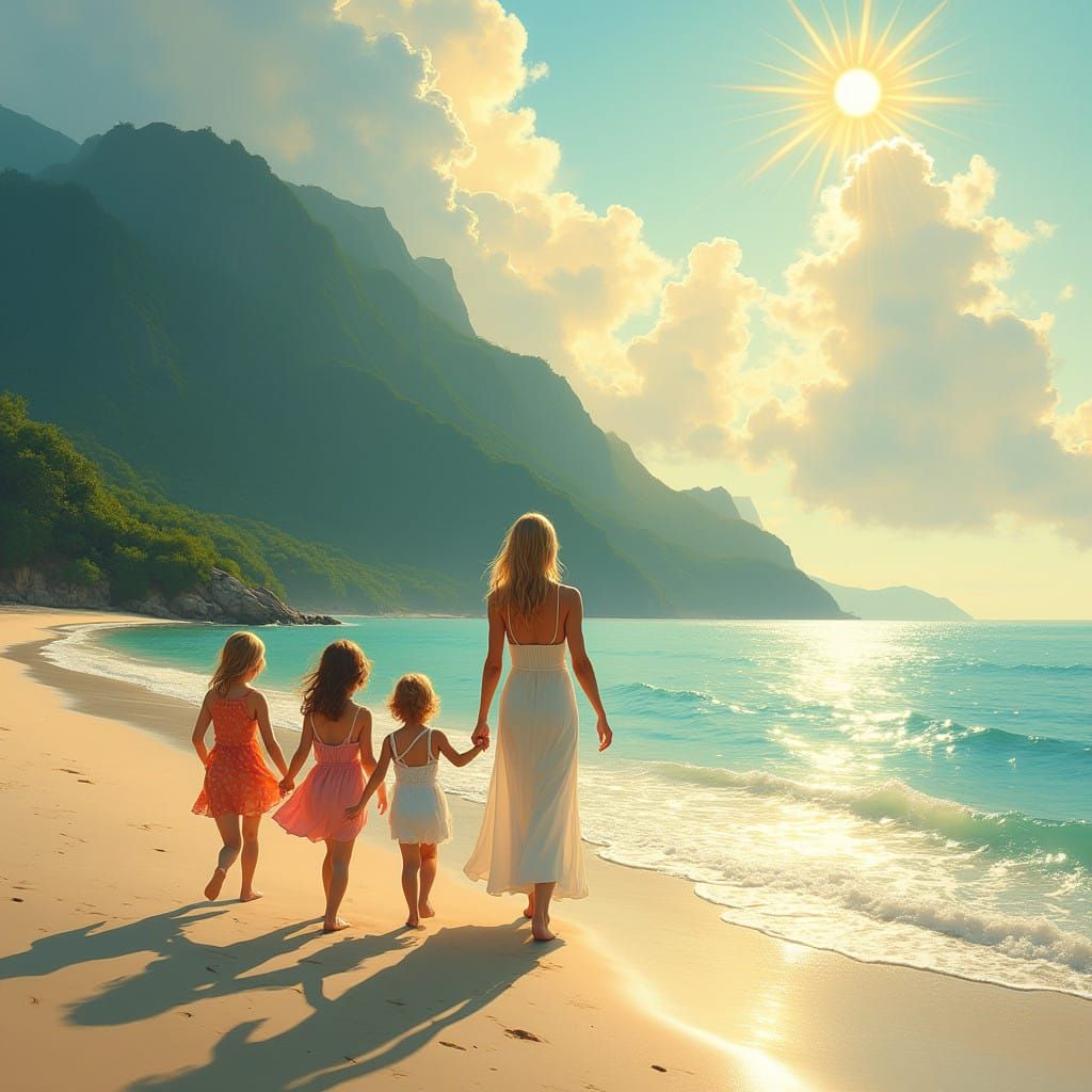 Mother and Children Stroll Along a Tranquil Beach