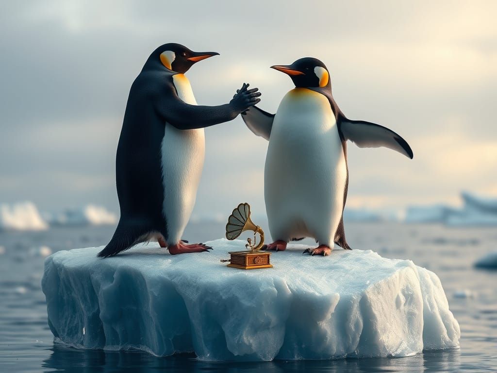 Waltzing Penguins on a Majestic Iceberg in a Dramatic Overca...