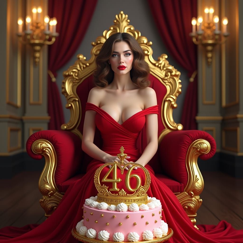 Elegant Woman in Red Dress on Golden Throne
