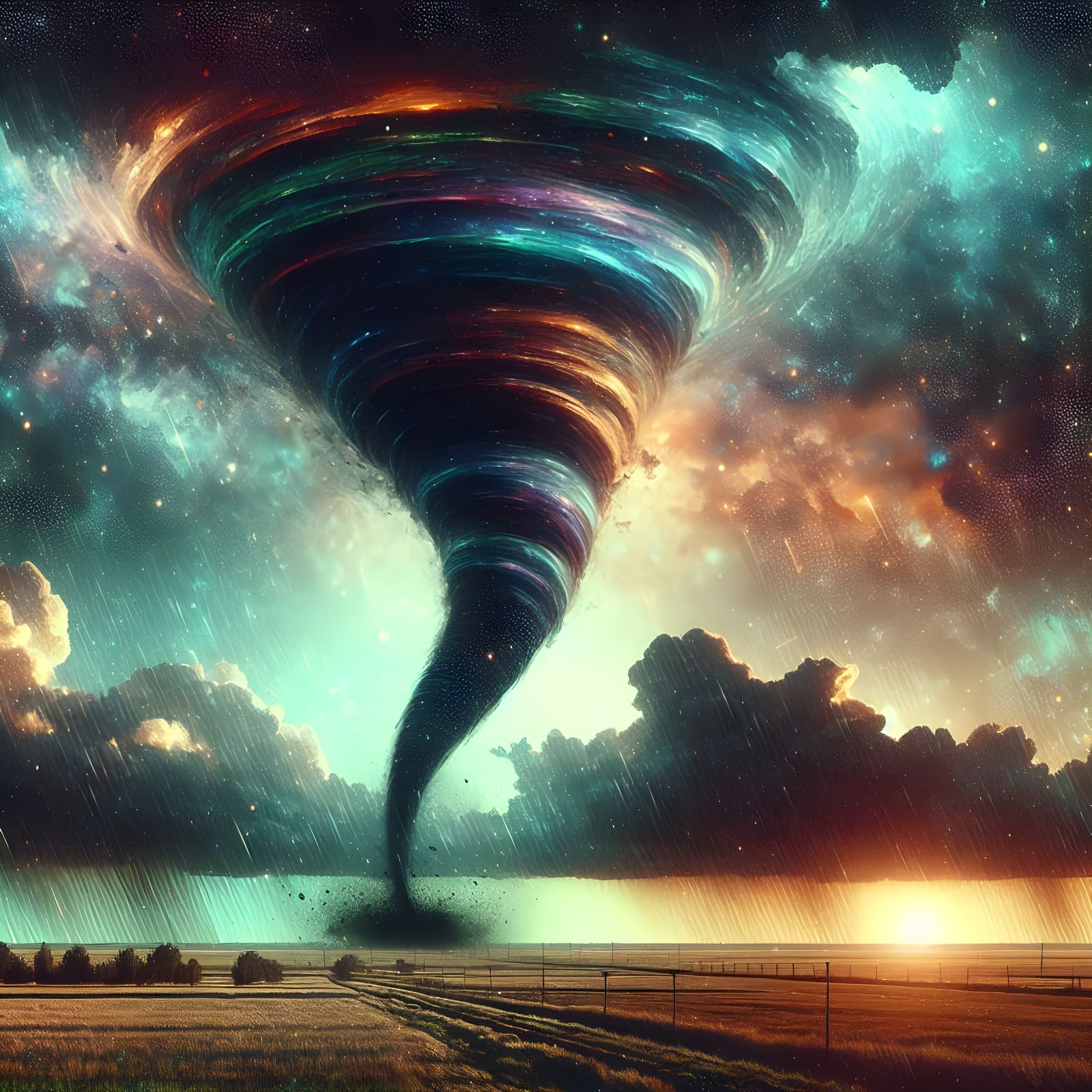 Tornado Sweeping Across Field in Vivid Mixed Media