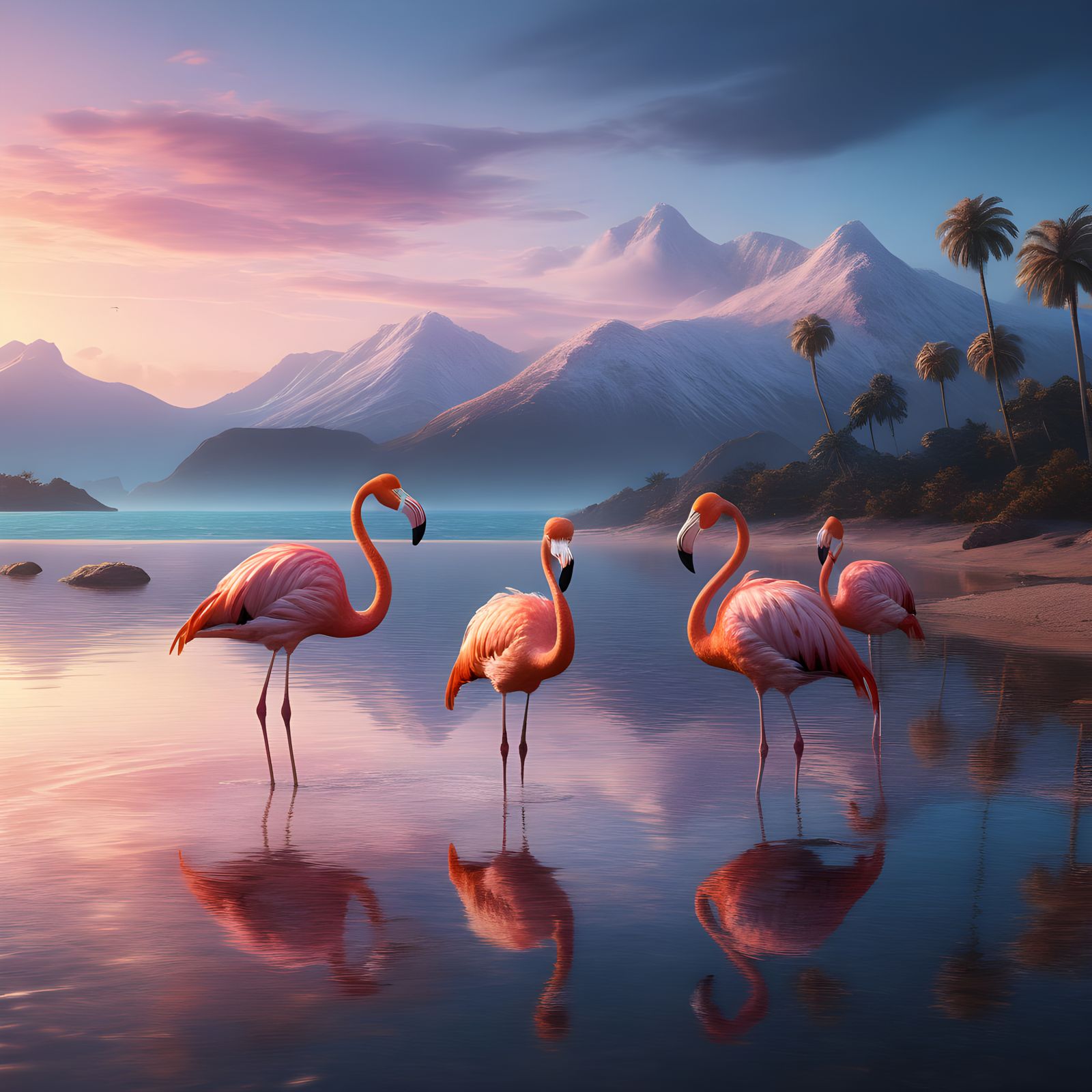 Realistic Flamingos Stand Out on Golden Seashore in Futurist...