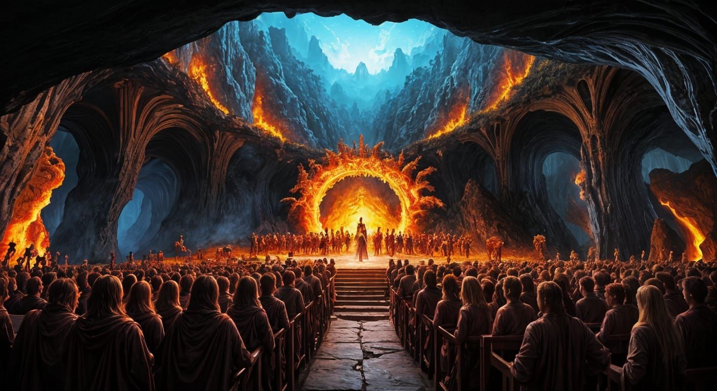Angels at the Gates of the Fiery Underworld in a Vibrant Cav...