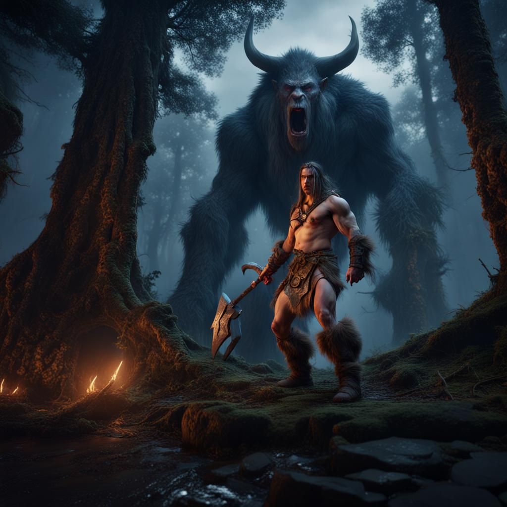 Barbarian in Forest at Night: Detailed Matte Painting