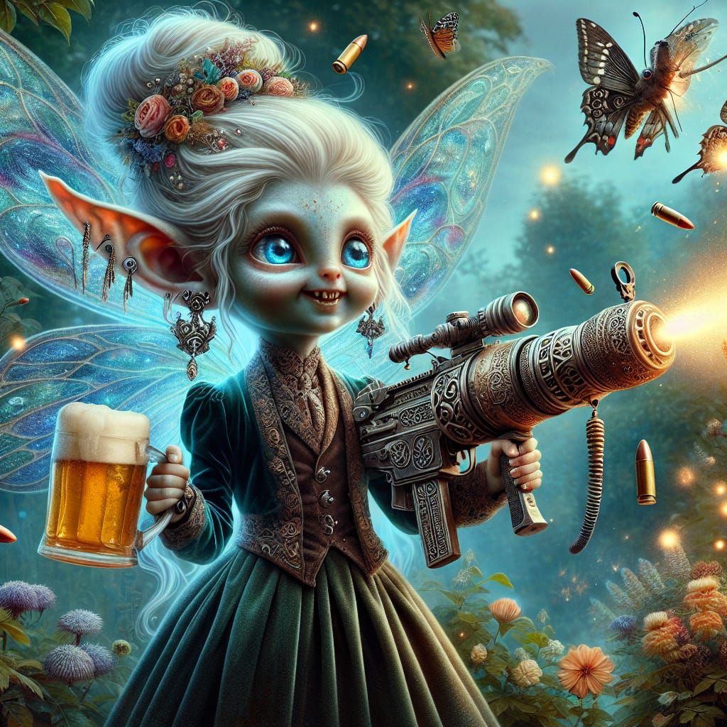 Gothic Pixie Fires Machine Gun in Fairy Garden