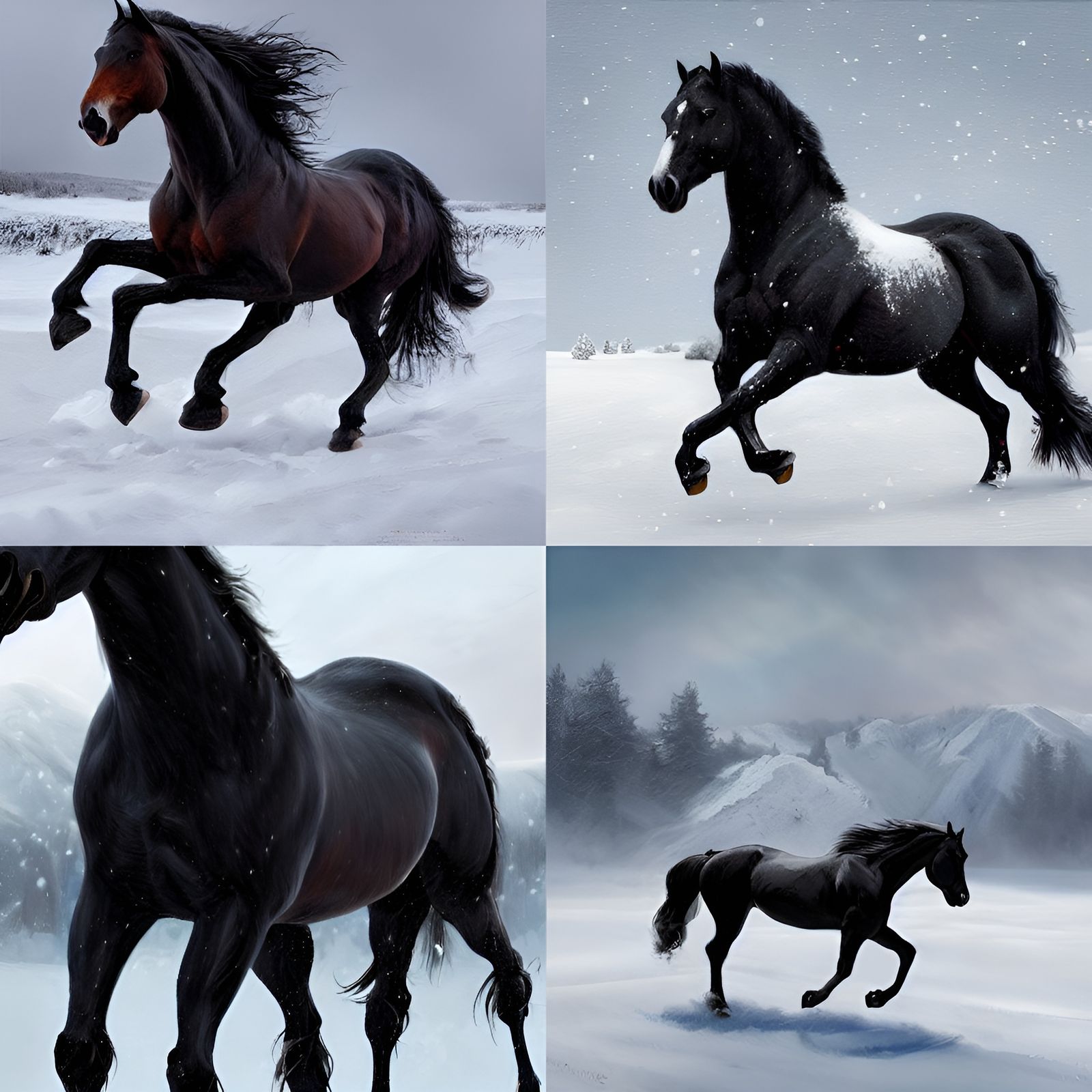 Majestic Black Horse Galloping in Snowy Fields