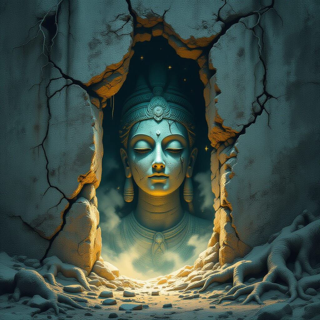 Mystical Idol in Ancient Wall, Atmospheric Landscape