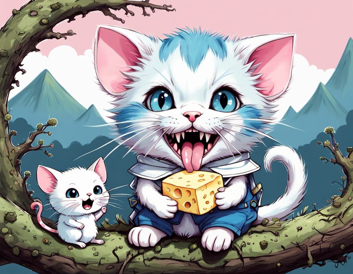 Adorable Manga Kitten About to Eat Mouse