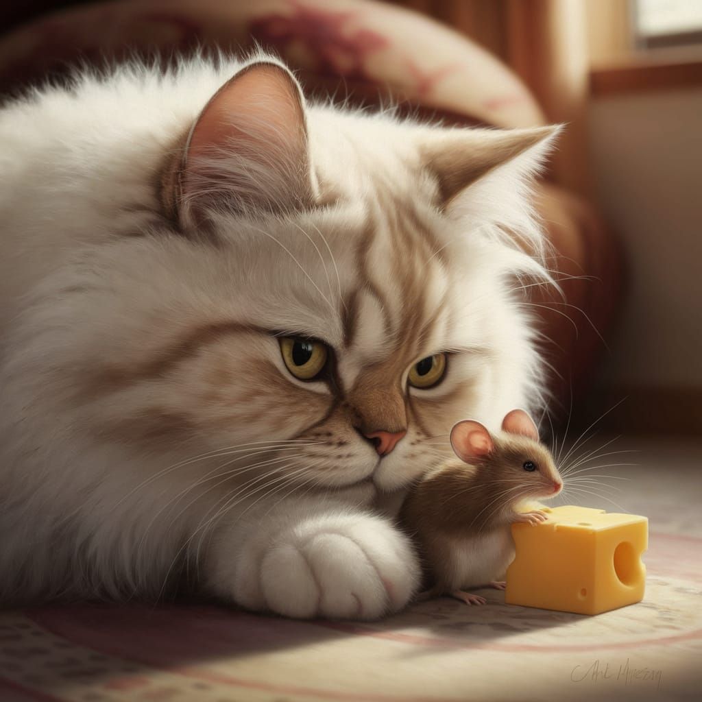 Whimsical Feline Encounter in Realistic Oil Painting Style