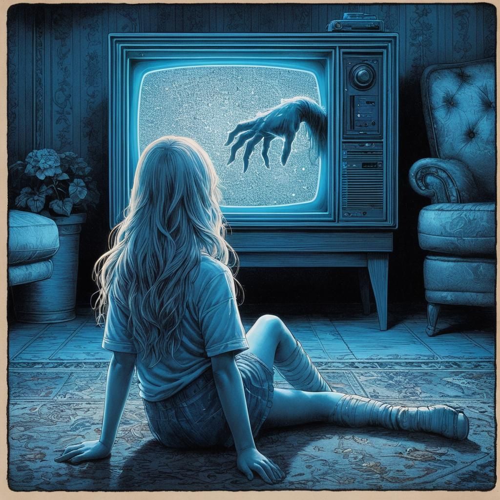 Girl and Ghostly Arm in 80s Living Room