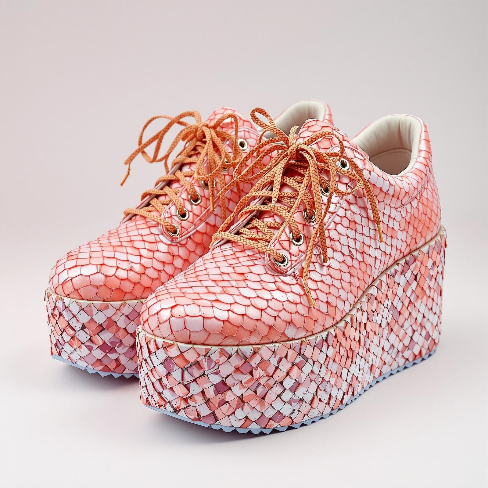 Pink Fish Scale Platform Shoes with Seaweed Laces
