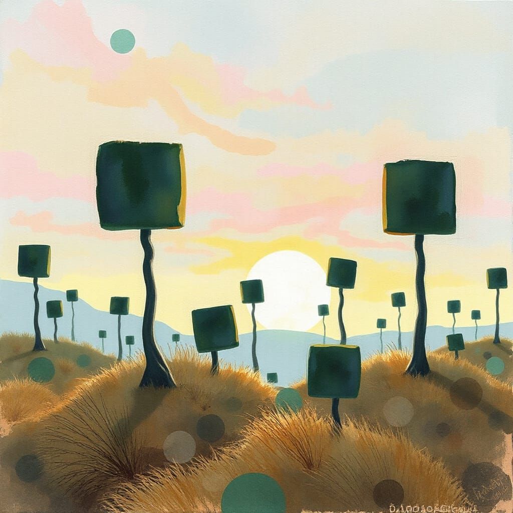 Surreal Dawn Landscape in Textured Watercolors with Geometri...