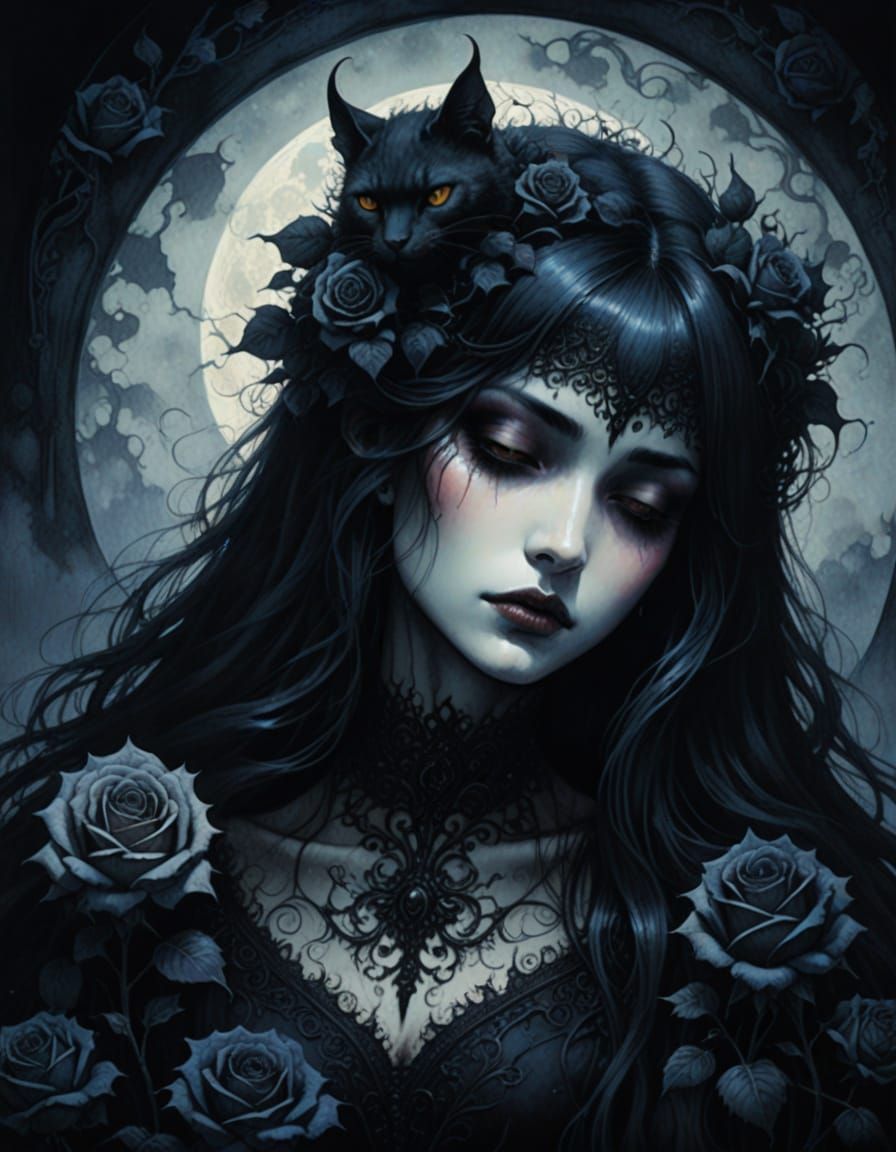 Demonic Beauty Sleeping in Moonlight: Gothic Manga Painting