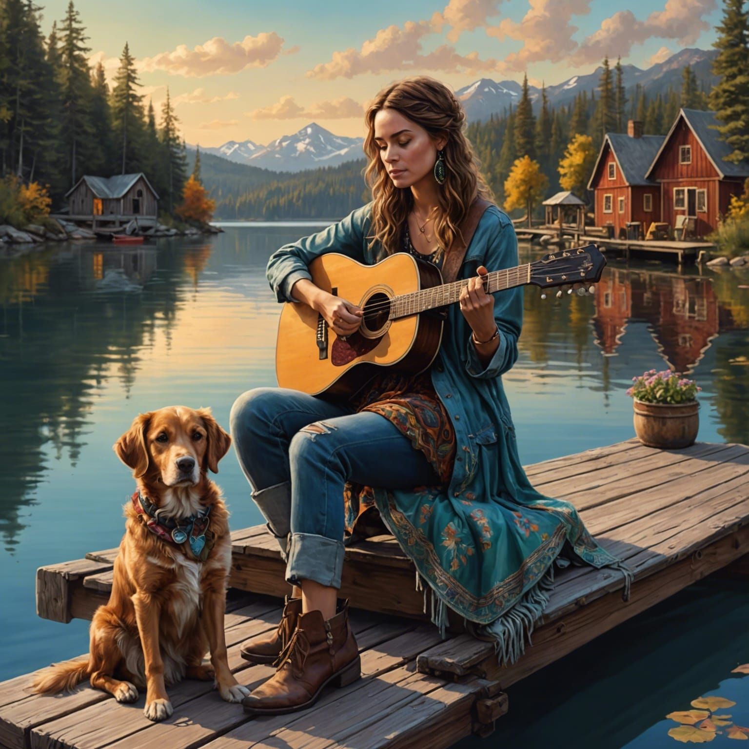 Woman with Guitar and Dog in Digital Painting
