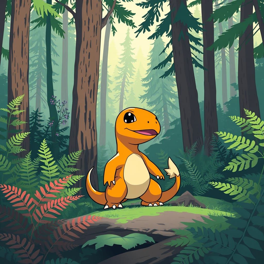 Charmander in Vibrant Forest, in a Stylized Illustration