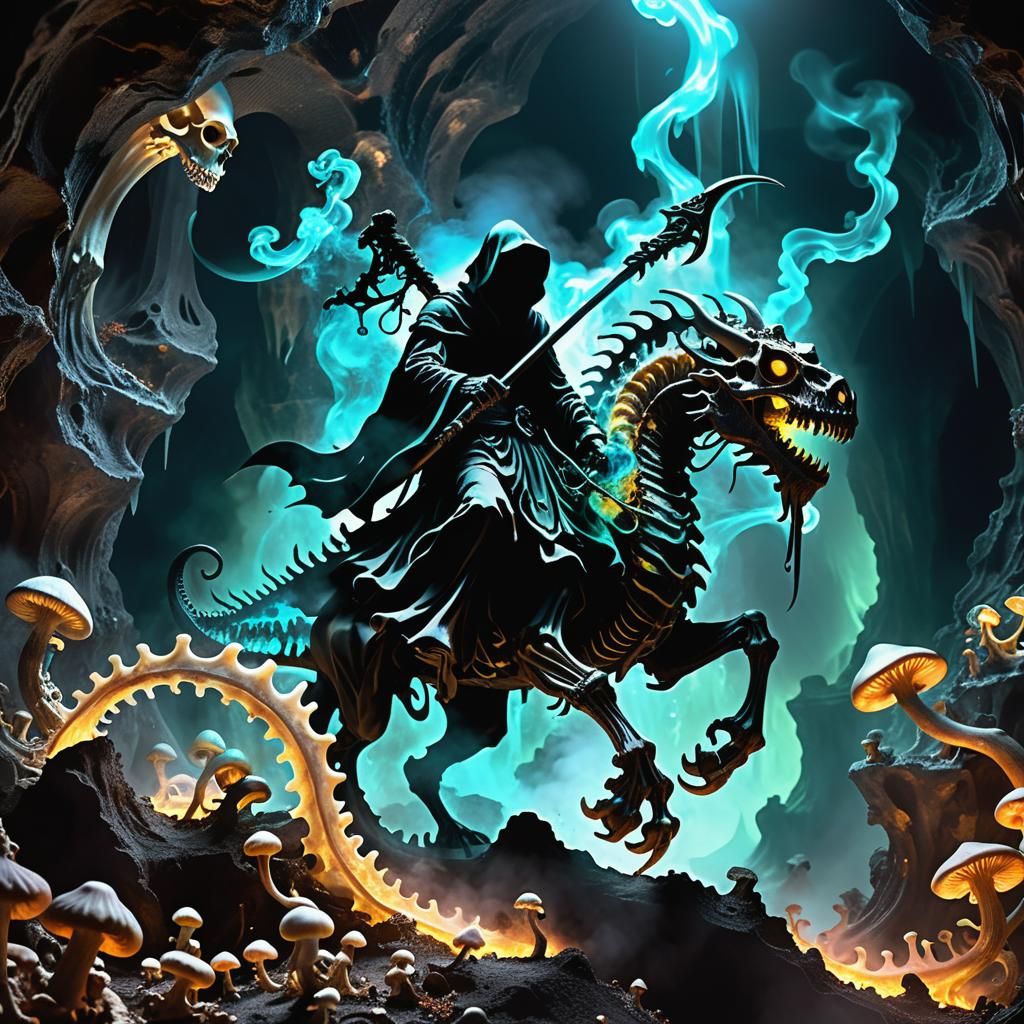 Grim Reaper Rides Dragon in Bioluminescent Cavern