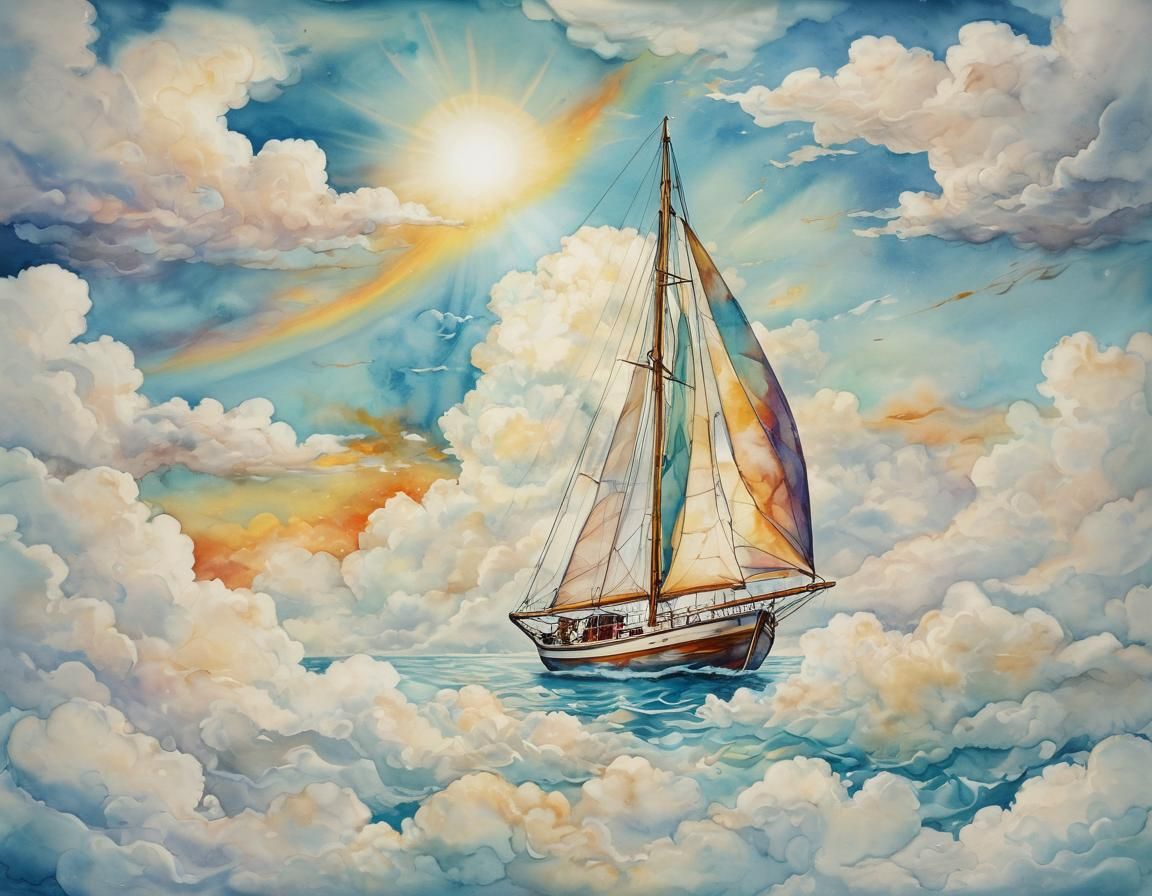 Flying Sailboat Through Clouds in Surreal Style