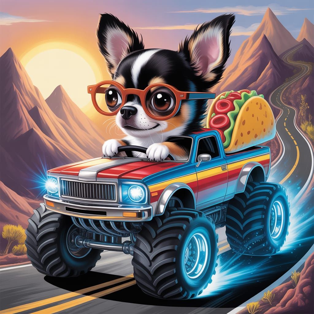 Chihuahua Drives Monster Truck: Digital Acrylic-Chalk Art