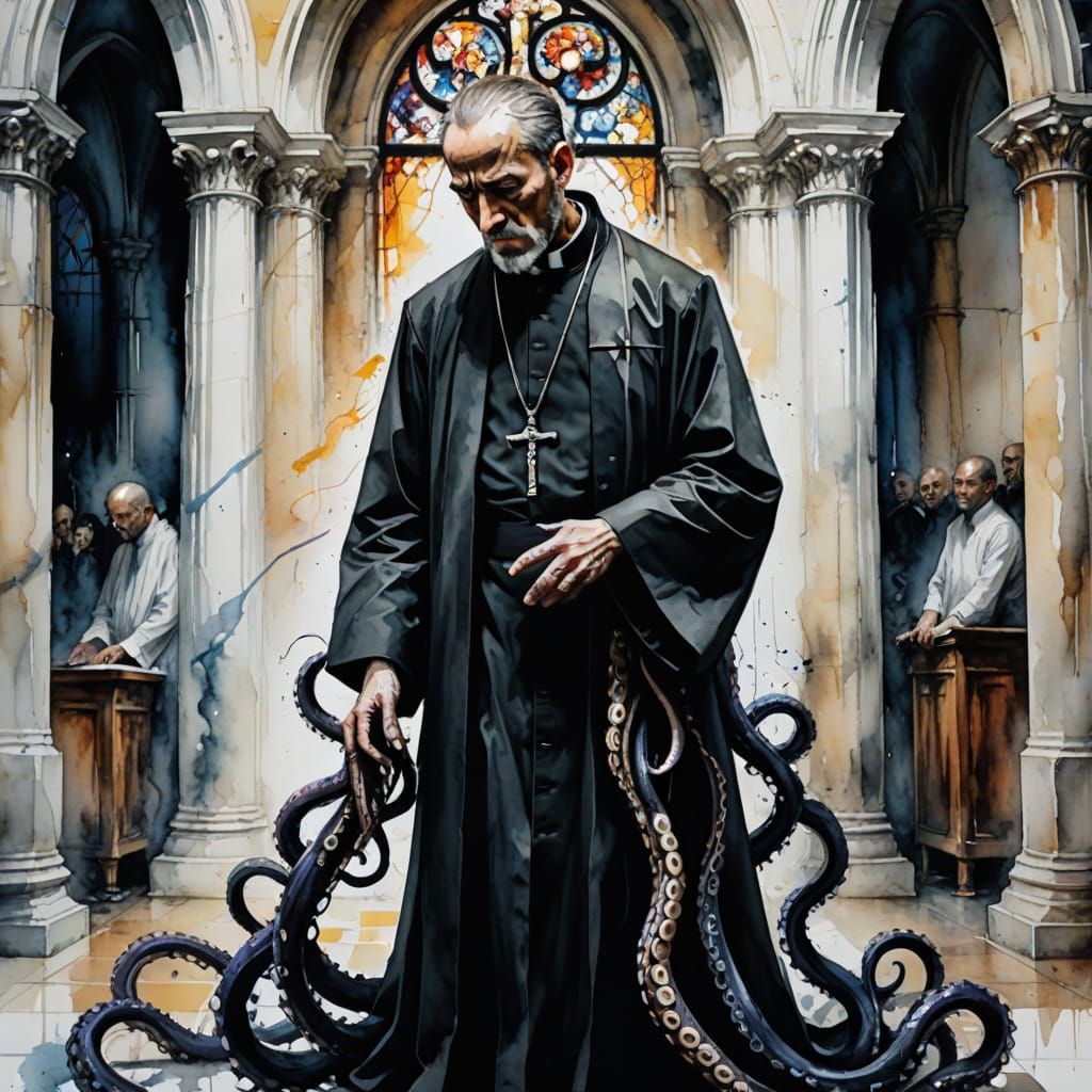 Weary Priest Hiding Secret in Impressionist Style